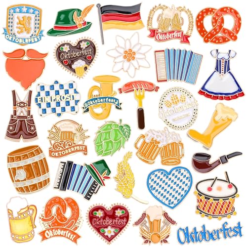 SANNIX 60Pcs Oktoberfest Pins, Bavarian Label Pins for Backpacks, Beer Festival Brooch Oktoberfest Party Favors Badges for Clothes Bags Hats Accessories, 30 Styles