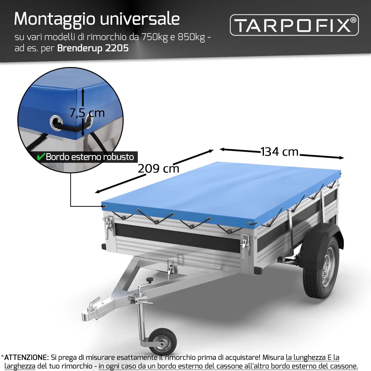 Tarpofix® Telo per rimorchio auto 209 x 134 x 7,5 cm incl. Corda per telone - Bordo rinforzato e copri rimorchio in materiale PVC - Telo PVC ideale per vari modelli di rimorchi per auto da 750 kg FP3