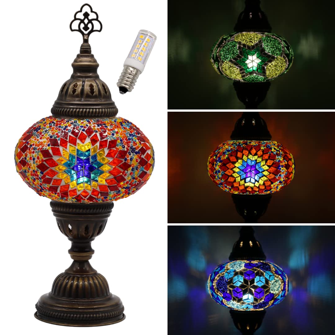 (23 Variations) Handcrafted Turkish Moroccan Glass Mosaic Bedside Desk Table Lamp | Multicolour Rainbow Star Table Size 3  (AA + Led Bulb Included)