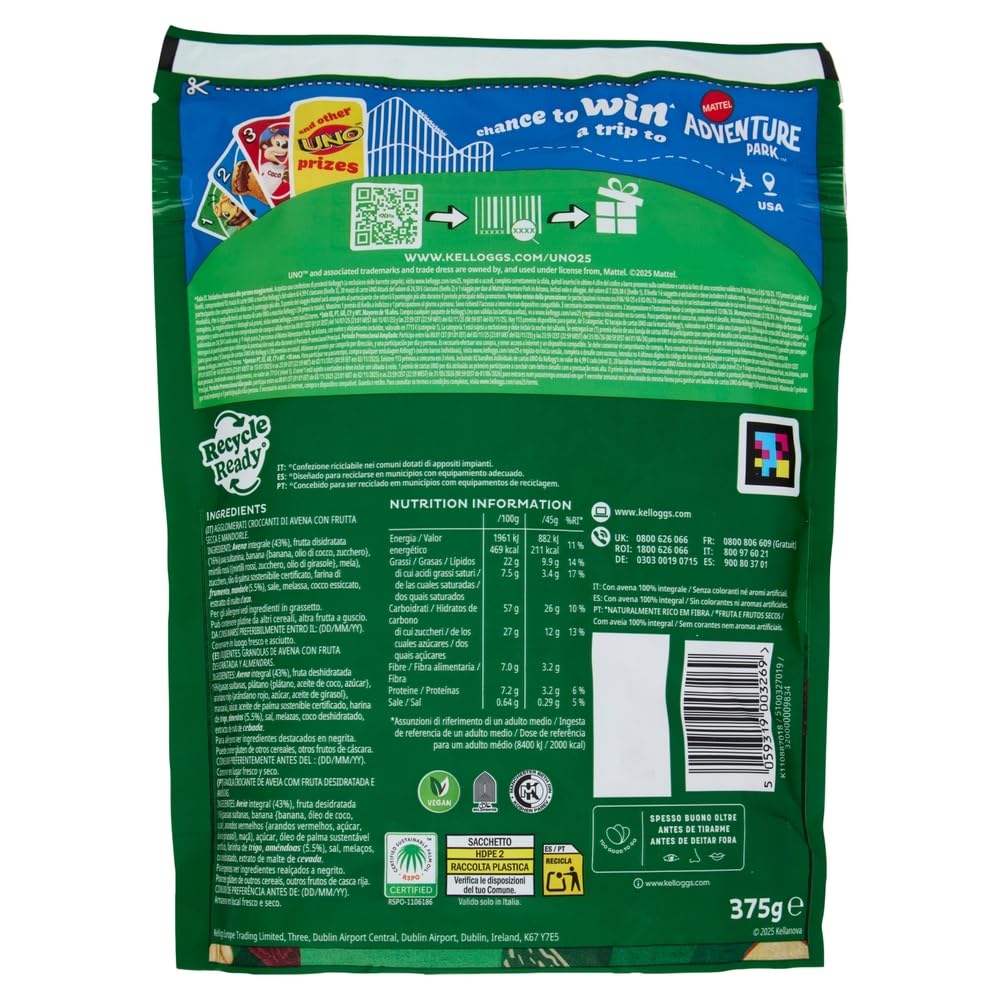 Italian Gourmet Knusper-Granola muesli croccante 12 x 375g Früchte-Nüsse | Ricco di fibre; ballaststoffreiche Cerealien mit Milch oder Joghurt zum, Gesamtnettogewicht 4,5 kg + Kostenlos Polpa 400g