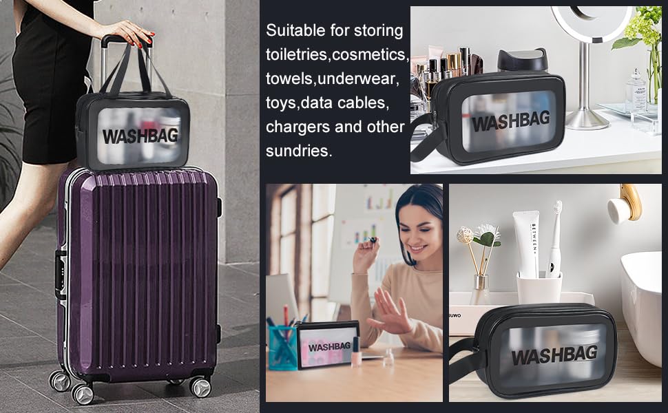 Image of KASHIVAL 3-Piece Clear Travel Toiletry Bags Set, Waterproof Transparent Makeup Organizer Pouches with Zipper, Large Medium Small Cosmetic Storage Cases with Carrying Handle (Black)