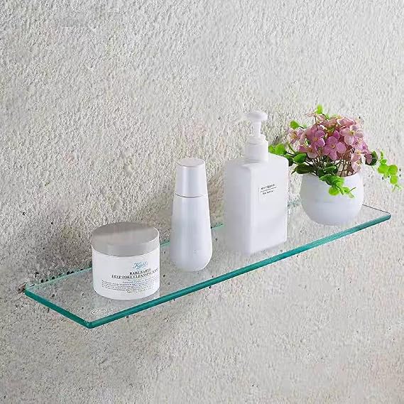 Glass Bathroom Shelf Wall Mounted 25CM Tempered Glass Stainless Steel Tempered Transparent Glass with Chrome Bracket for Bathroom Bedroom Kitchen (2PC)