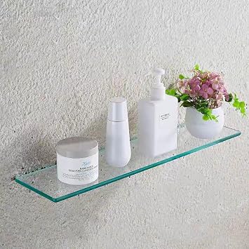 Glass Bathroom Shelf Wall Mounted 25CM Tempered Glass Stainless Steel Tempered Transparent Glass with Chrome Bracket for Bathroom Bedroom Kitchen (2PC)