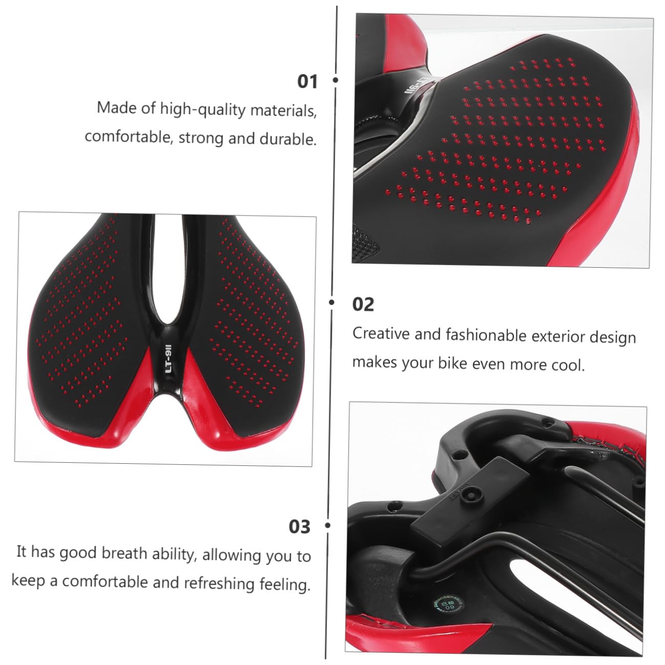 Selle de Vélo Confortable avec Lumière Arrière, Coussin en PU Antichoc pour VTT, Siège Ergonomique Noir et Rouge pour Cyclisme en Extérieur