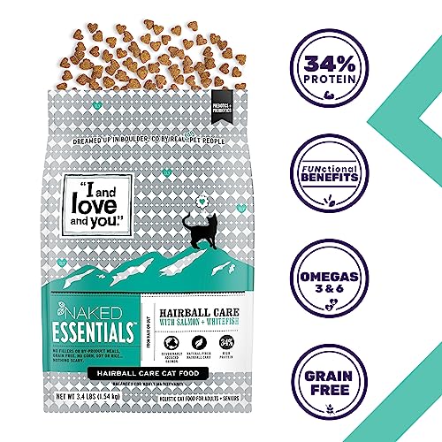 Image of I AND LOVE AND YOU Naked Essentials Dry Cat Food - Salmon + Whitefish for Hairball Care - Grain Free, Real Meat, No Fillers, 3.4lb Bag