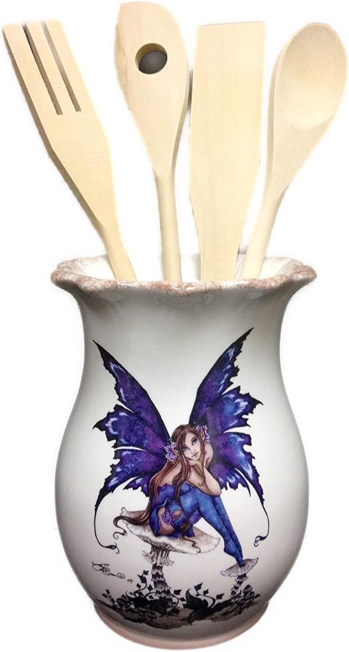 Beautiful Fairy Sitting on a Mushroom Amy Brown Collectible Ceramic Utensil Holder with Wooded Utensils.