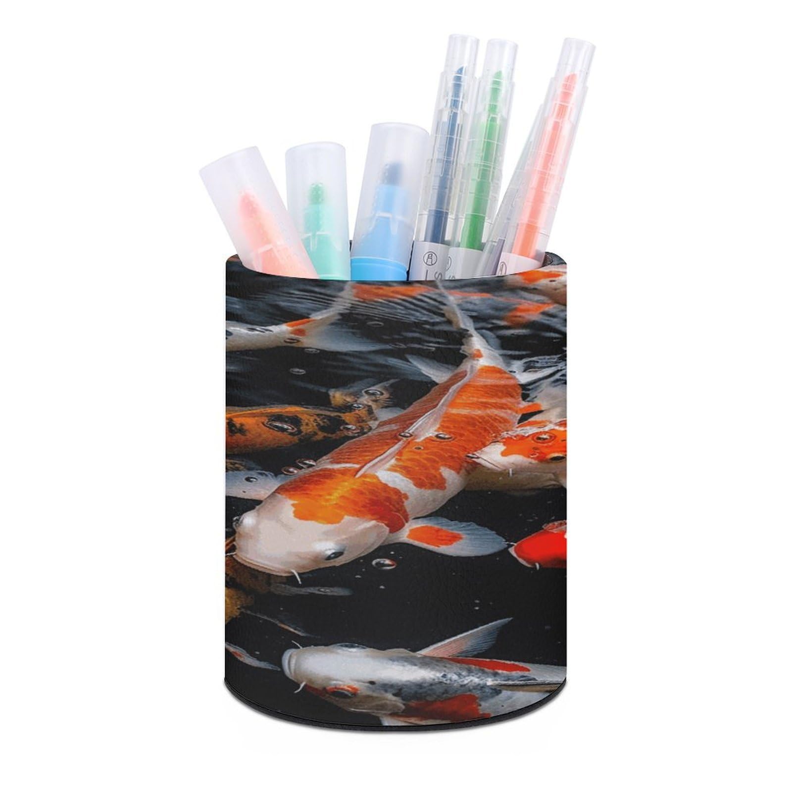 FekiLoot PU Leather Round Pen Holder Japan Fancy Koi Carp Fishes Pencil Holder Desk Organizer Pen Organizer Pen Cup Pencil Cup Caddy Desktop Stationery Organizers for Office Home Supplies