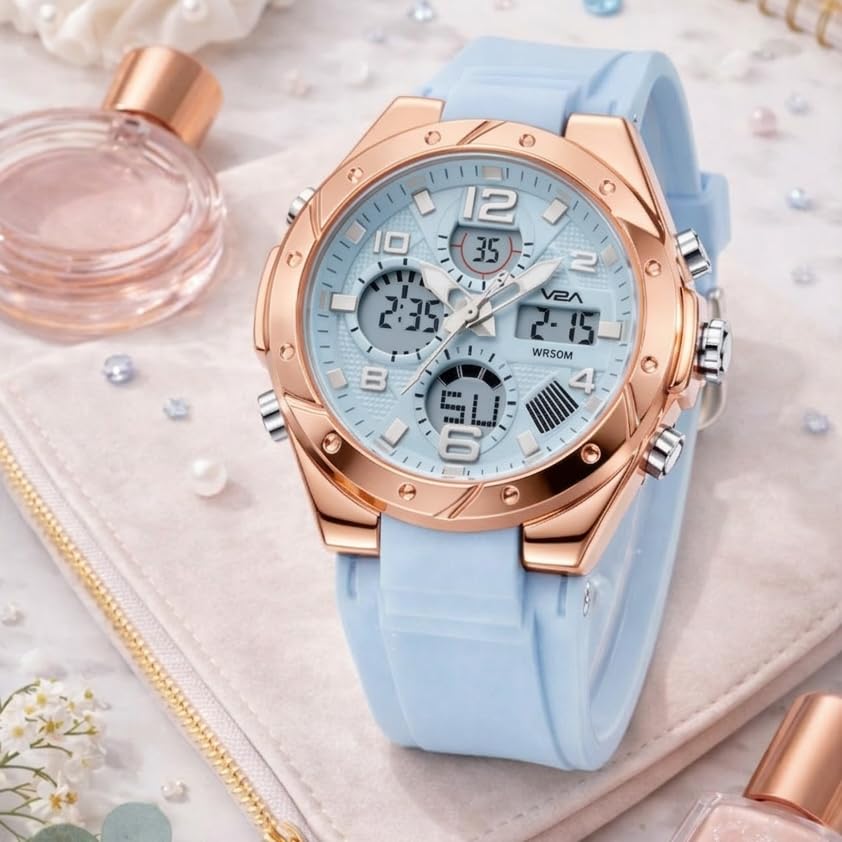 Image of V2A Aura Edge 40mm Analog Digital Watch for Women | Modern Everyday Style | Alarm Stopwatch Backlight Day Date | Comfortable TPU Strap | 50M Water Resistant | Gift for Ladies