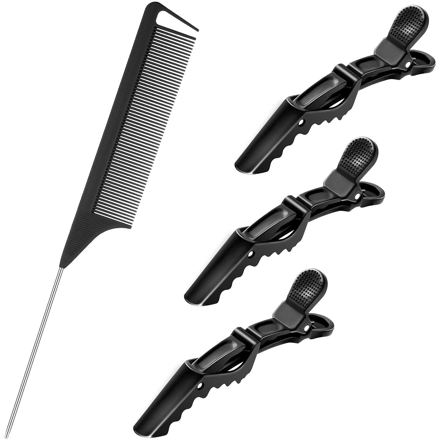Rat Tail Comb Parting Combs for Braiding Hair Carbon Styling Steel Pin Carbon Fiber Heat Resistant Teasing Barber Combs with 3 Pieces Plastic Styling Hair Clips for Hair Stylist (Black)-image-13