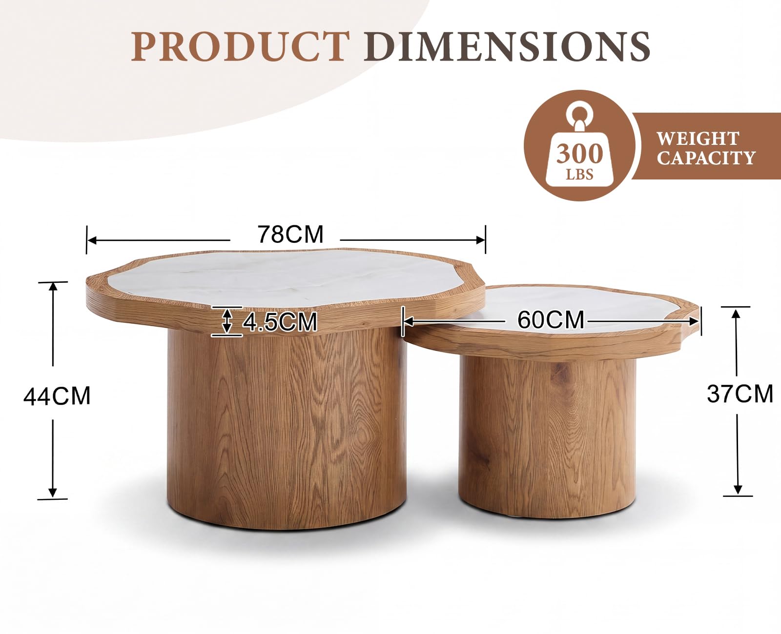 chairus 2PCS Mesas de Centro Madera con Forma de Nube, Color Natural | Mesa Redonda de Salón, Base de Madera, con Superficie Imitación Mármol, Mesita Desmontable