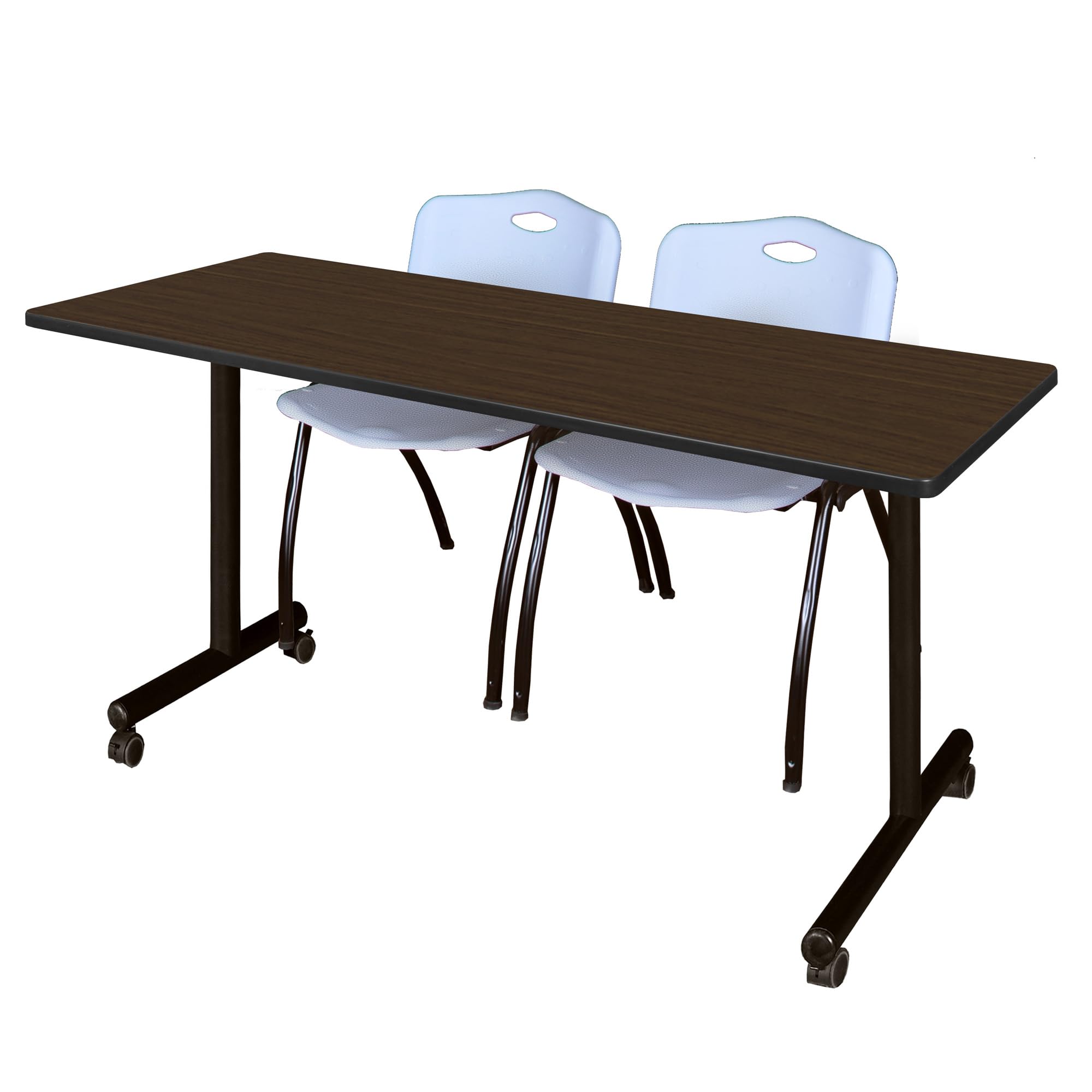Romig Axis-Pro 60 x 24 in. Mobile T-Base Training Table- Neo Walnut, 2 M Stack Chairs- Grey