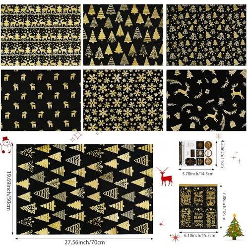 Papel de embrulho de Natal, 6 folhas de papel de embrulho preto e dourado, papel de embrulho de rena