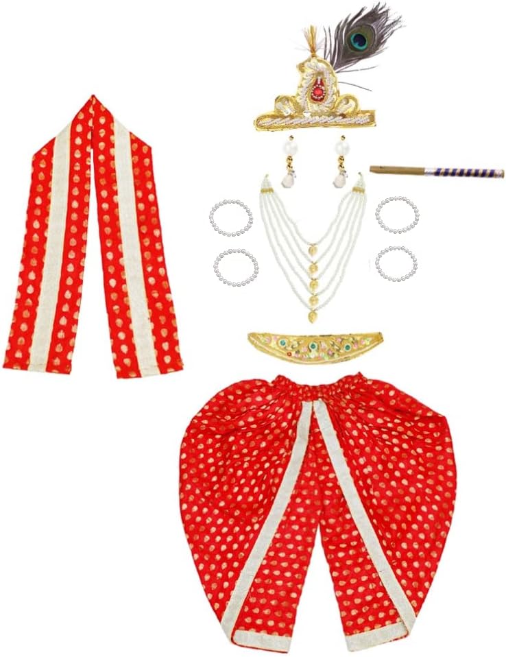 ITSMYCOSTUME Krishna Dress for Baby Boy Kids Set of 10(Dhoti,Patka,5 Layer Motimala,Mukut,Morpankh,Bansuri,Kamarband,Bajuband,Wristband,Kundal) Little Kanha Janmasthmi Costume for Boys Kids