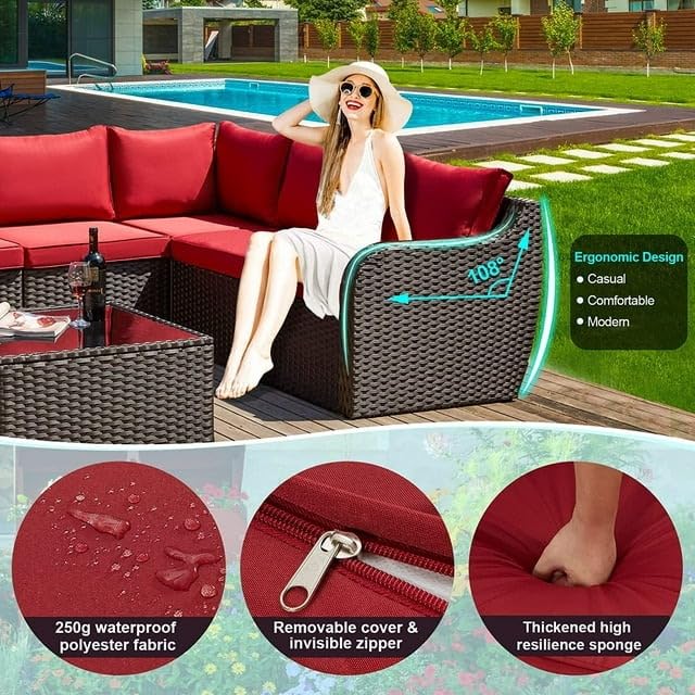 Image of 6 Seater Outdoor Garden Patio Seating Sofa Set with Center Table L Sofa for Balcony Wicker Rattan Garden Set with Grey Cushion and Center Table (Red)