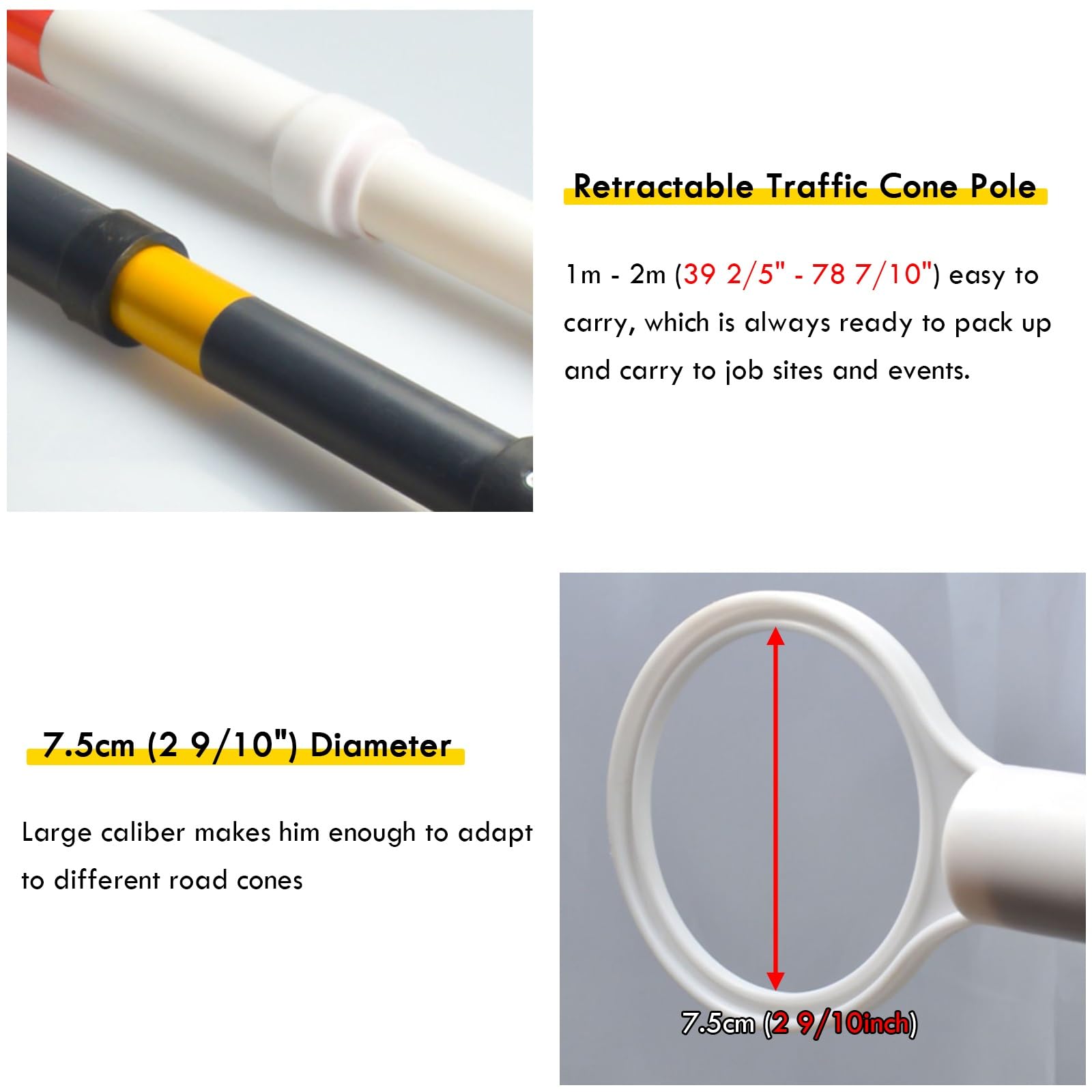 6 Pcs. Barras Conos Tráfico, 1-2m, Postes Barricada, Extremos de Repuesto | Ajustable de 1 a 2 m. Incluye extremos de repuesto para mayor visibilidad. Ideal para estacionamientos y cruces.(B 6 Pack)