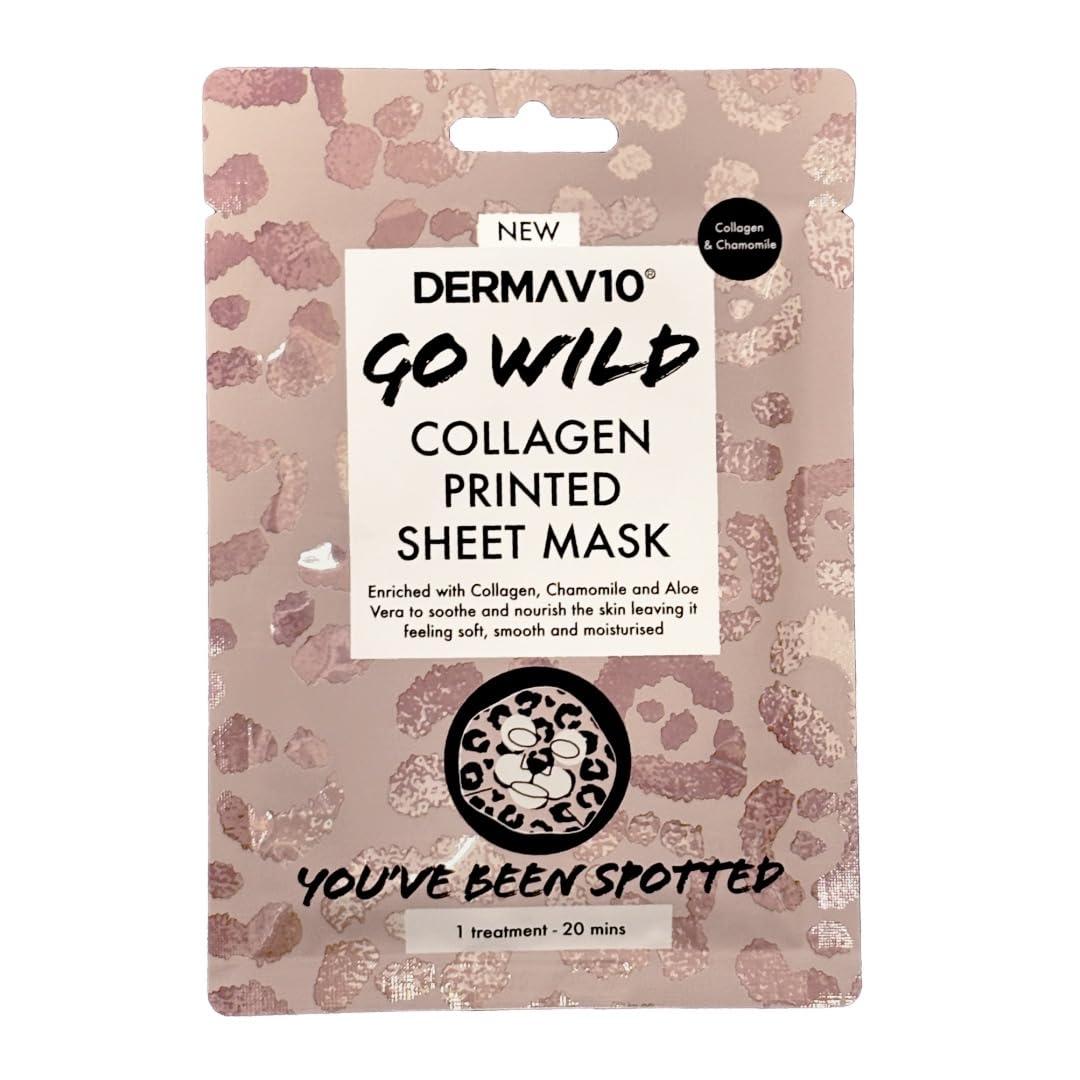 Derma V10 Go Wild Collagen Sheet Face Mask, Enriched With Collagen, Chamomile And Aloe Vera, Soothes And Nourishes Skin, Moisturises, Perfect For Pamper Nights, Vegan Friendly