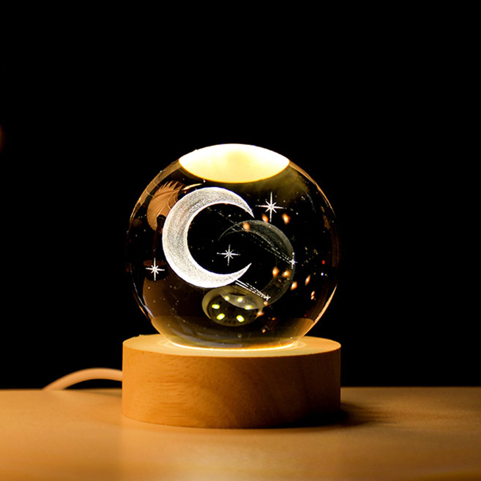 DNIEBW 3D Saturn Crystal Ball Night Light for Kids Glass Ball Night Lamp with Wooden Base Fantasy Decoration Crsytal Ball Saturn LED Galaxy Planet Nightlight Bedroom Decor (Moon and Meteors, 8cm)