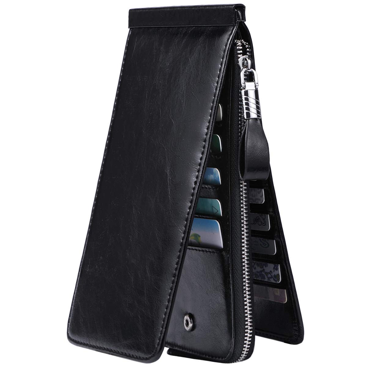 Cartera de piel auténtica para mujer, con cremallera larga con cremallera RFID, Cuero Cera Negro, Cartera Rfid
