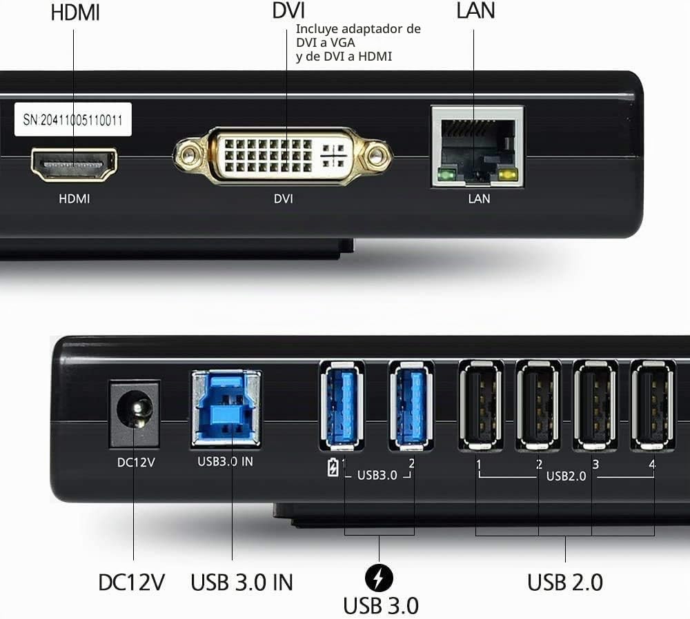 WAVLINK USB 3.0 Bases de Conexión Docking Station Pantalla Dual con HDMI y DVI/VGA con Gigabit Ethernet, 6 Puertos USB, Audio para MacBook Neo, Ultrabook y PC, Oficina en casa más eficiente