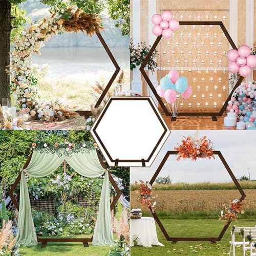 Hochzeitsbogen aus Holz – sechseckiges Design für rustikale Zeremonie und Gartendekoration, einfach aufzubauen, Hochzeitslaube Hintergrund für Veranstaltungen im Innen- und Außenbereich