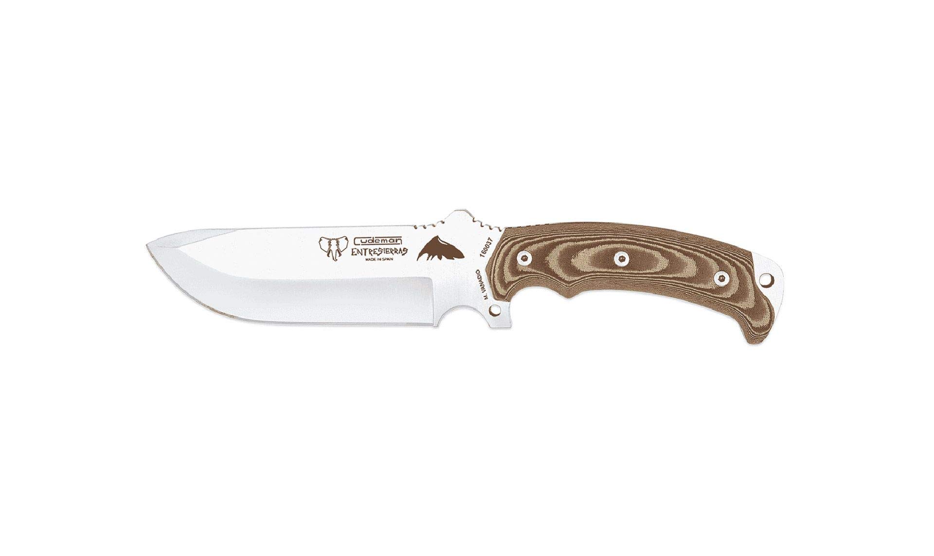 Cudeman Cuchillo 155-X Entresierras + Kit completo supervivencia hoja de acero inoxidable ACX-380 de 16 cm empuñadura de micarta marrón de 11 cm para caza, pesca, supervivencia y bushcraft