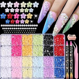 Fcozpjk 3D Colorful Flower Nail Charms with Caviar Beads, Small Flower Charms Pink White Cherry Blossom Gems Round Pearl Beads Nail Rhinestones Kit with Picker Pencil DIY Craft Materials