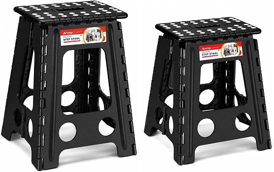 17.5 and 16 Inch Folding Step Stool 2-Piece Set, 400 LB Capacity Plastic Foldable Stools with Handle, Non-Slip Multi-Height Step Stool, Home Use Black & Black