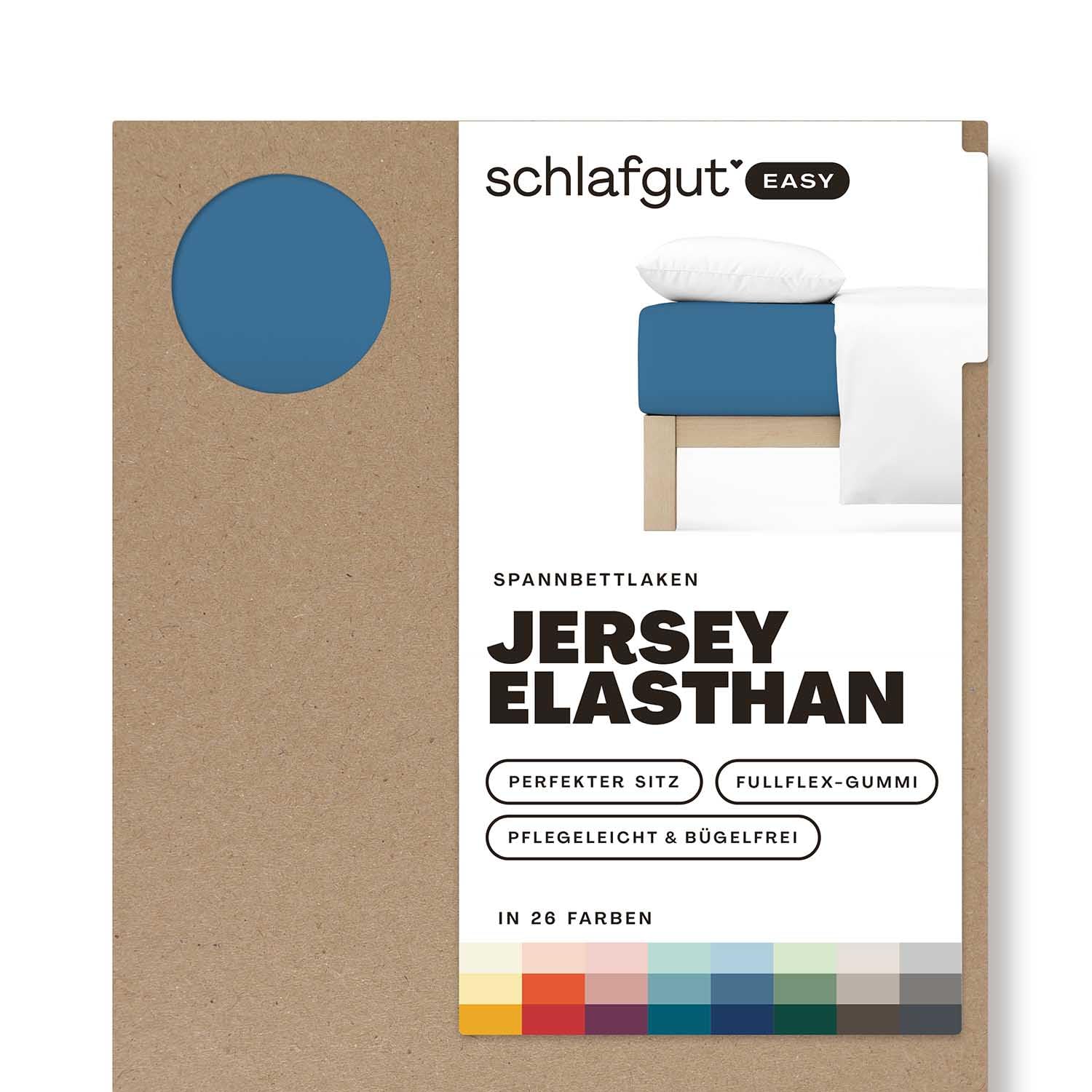 Schlafgut Easy Jersey Elasthan Spannbettlaken 140x200 bis 160x220 Blue Mid, Spannbetttuch aus superweicher Baumwolle mit Elasthan | Bettlaken, Spannbetttuch 160x200, 160x220 cm, Blau, Baumwolle Elasthan, bis 35 cm Steg, OEKO-TEX, bügelfrei