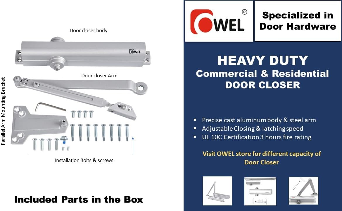 Heavy Duty/UL Listed Commercial Automatic Door Closer, Cast Alluminium Body & Steel Arm with Adjustable Speed, ANSI Certification and 3hours fire ratings