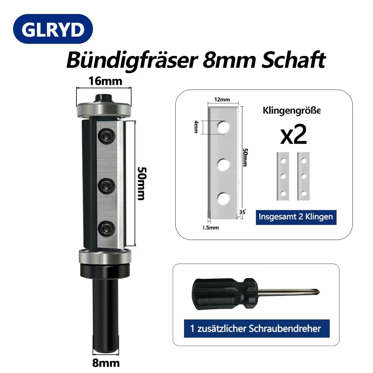 Fresa de enrasado de 8 mm, hoja de metal duro intercambiable de 2 caras, fresadora con rodamiento de bolas, fresa de madera para trabajar cantos