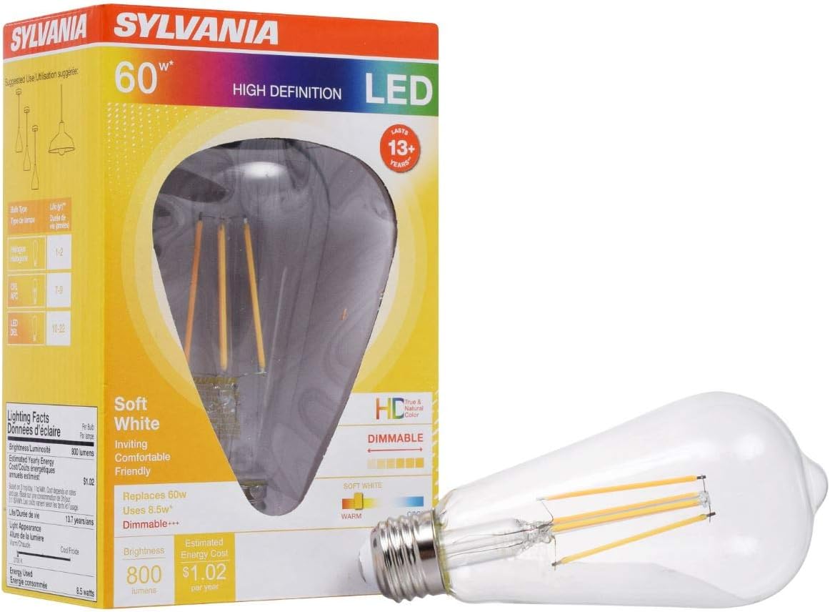 Sylvania LED Filament Light Bulb, ST19 Edison, 60W Equivalent, Efficient 8.5W, 13 Year, Dimmable, 800 Lumen, Clear Finish, 2700K, Soft White - 1 Pack (40255)