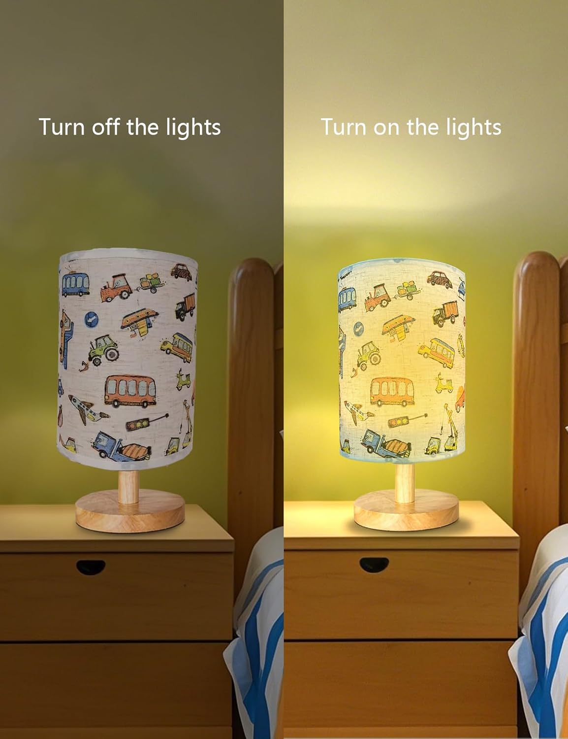 Kids Lamps for Bedrooms Boys,Car Lamp,3 Level Dimmable Wood Nightstand Desk Base Flaxen Fabric Shade for Bedroom Living Room,Car Gifts for Boys