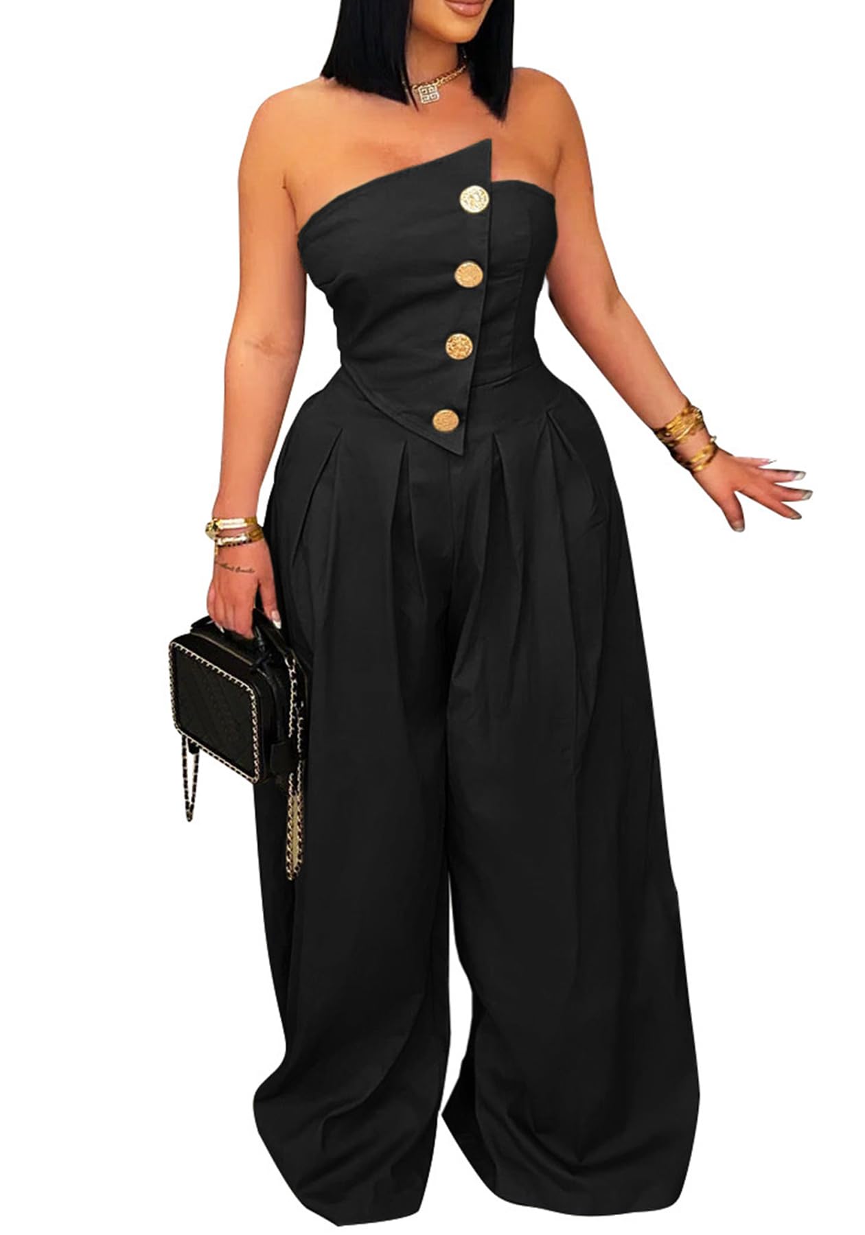 SHINFY Women Summer Strapless Wide Leg Jumpsuits Loose Casual Off Shoulder Tube Top Sexy One Piece Romper