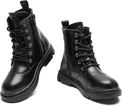 kkdom Boys Girls Waterproof Lace Up Side Zipper Mid Calf Combat Boots Fur Lined Winter BootsToddler/Little Kid/Big Kid Black US Size 9 M Toddler