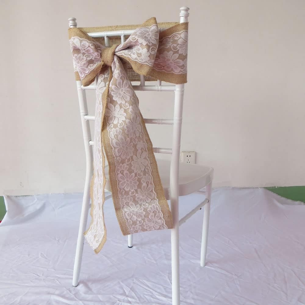 100pcs Burlap and Lace Chair Sash Natural Hessian Jute Chair Sash with Lace for Vintage Outdoor Wedding (Lace Included)