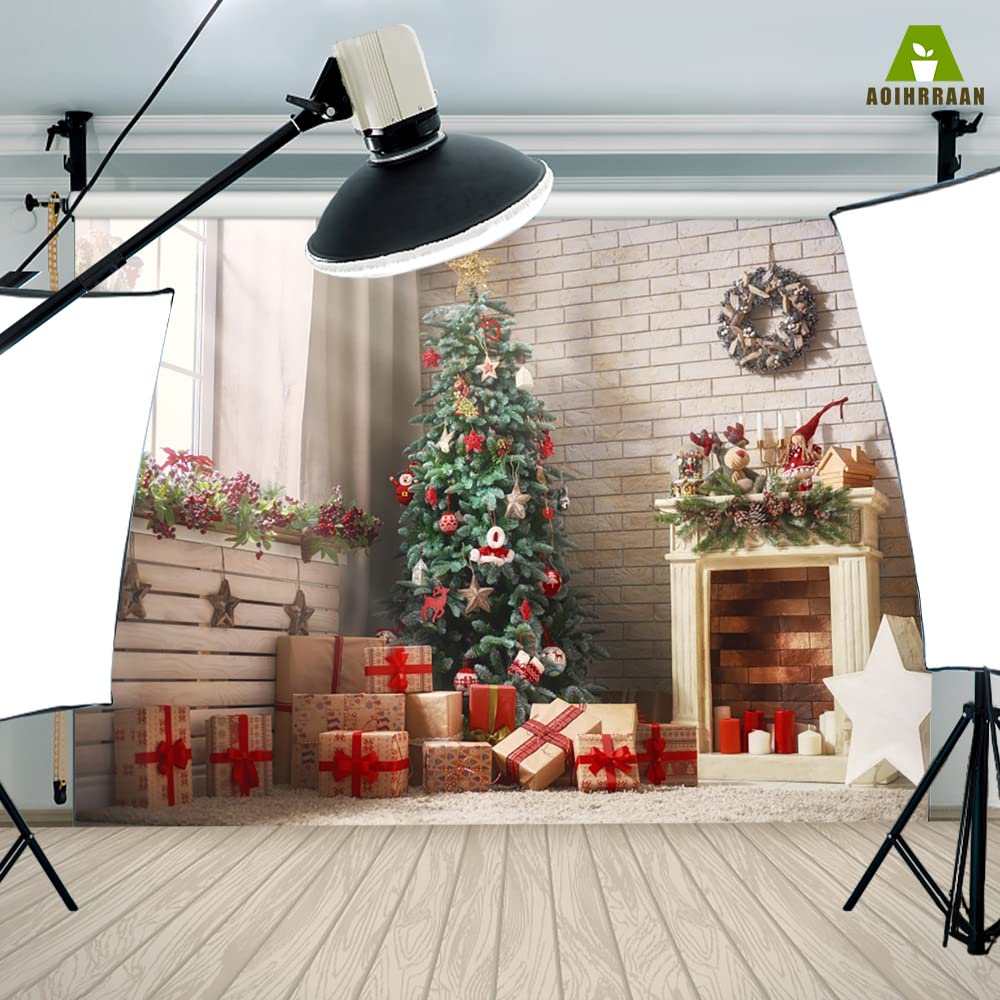 Aoihrraan 3x2m Navidad Telón De Fondo ?rbol Navidad Sol Ventanas Chimenea Regalos Rojos Corona Marrón Pared Ladrillo Rústico Fondo Fotografía Ni?os Adultos Retrato Familiar Accesorios Estudio Foto