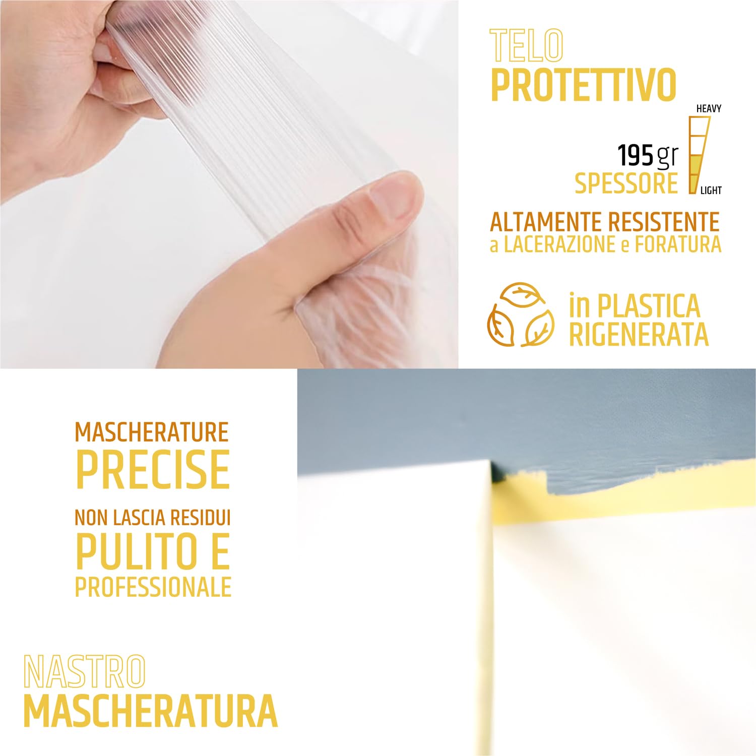 PENNELLIFICIO 2000 | Kit 2 Rulli con Bacinella e Retina per Scolare la Pittura, Nastro per Mascheratura e Telo Protettivo, Set Pittura, Idropittura, Pareti Lisce, Secchio da 14 L - Made in Italy