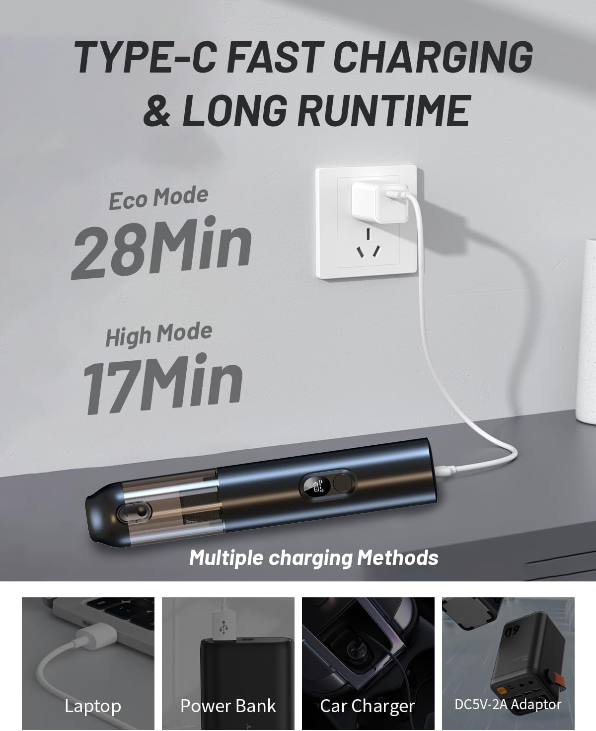 Handheld Car Vacuum Cleaner Cordless with 19000Pa High Power, 4 in 1 Portable Mini Vacuum with Brushless Motor, Led Display, Type-C Handheld Vacuum and Air Duster for Car Home Office PC