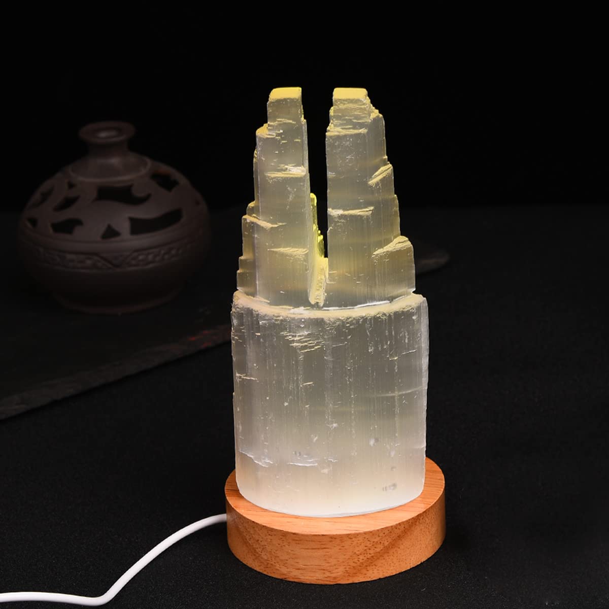 JIC Gem USB Selenite Skyscraper Healing Crystal Lamp 6 Inch with Wooden LED