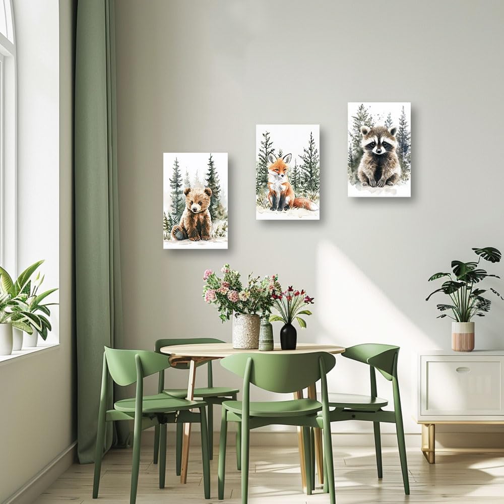 CXHOSTENT Woodland Animal Nursery Wall Art Forest Animal Wall Decor 3 Pieces Fox Raccoon Bear Pictures Adventure Canvas Kids Room Decor Framed (11x14inchx3Pcs)
