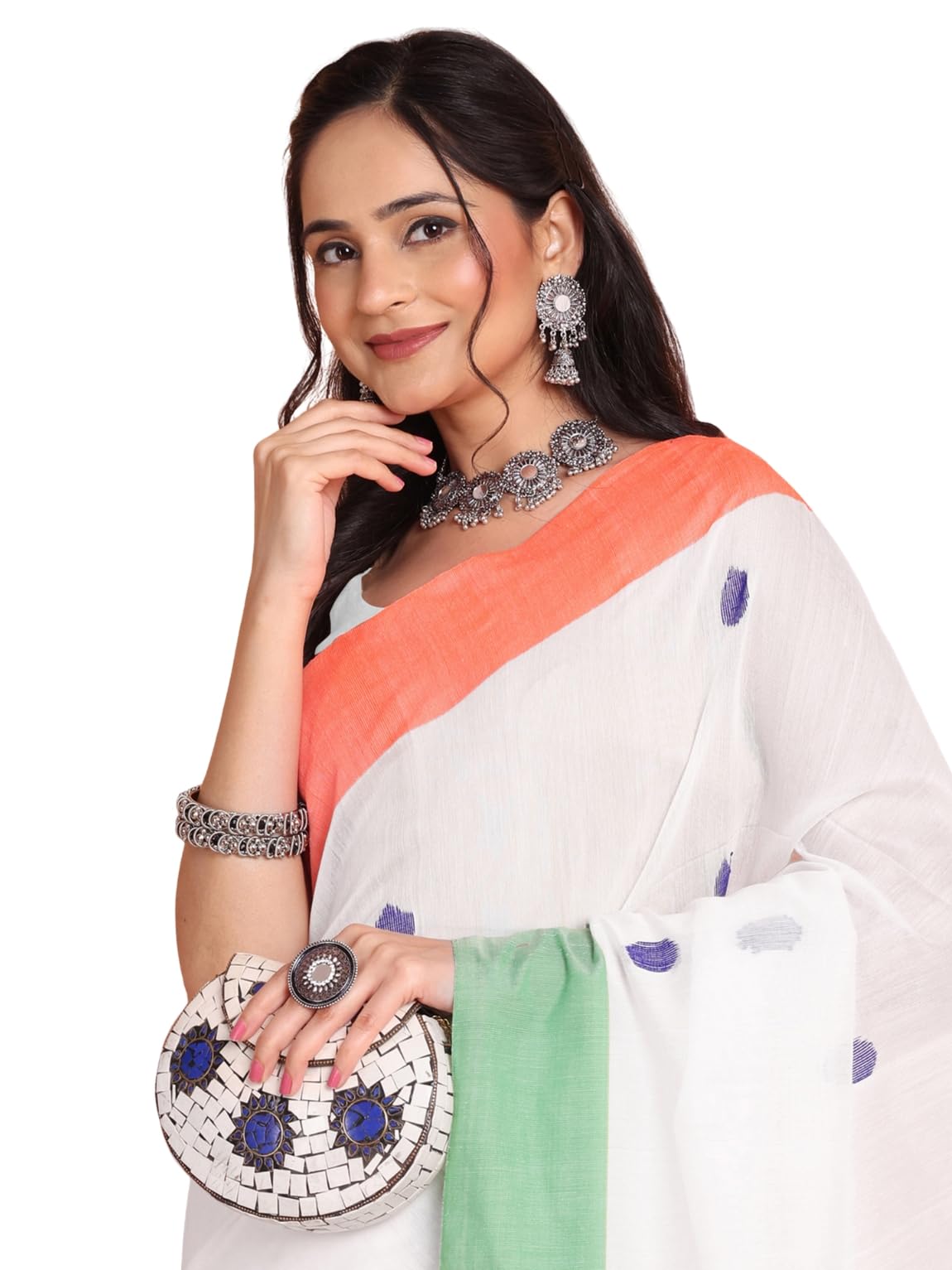 Women's Tri Colour Pure Cotton Handloom Tiranga Saree for Independence Day - Cotton Silk Chiffon Mysore Silk Flag Tricolour Saree-image-7