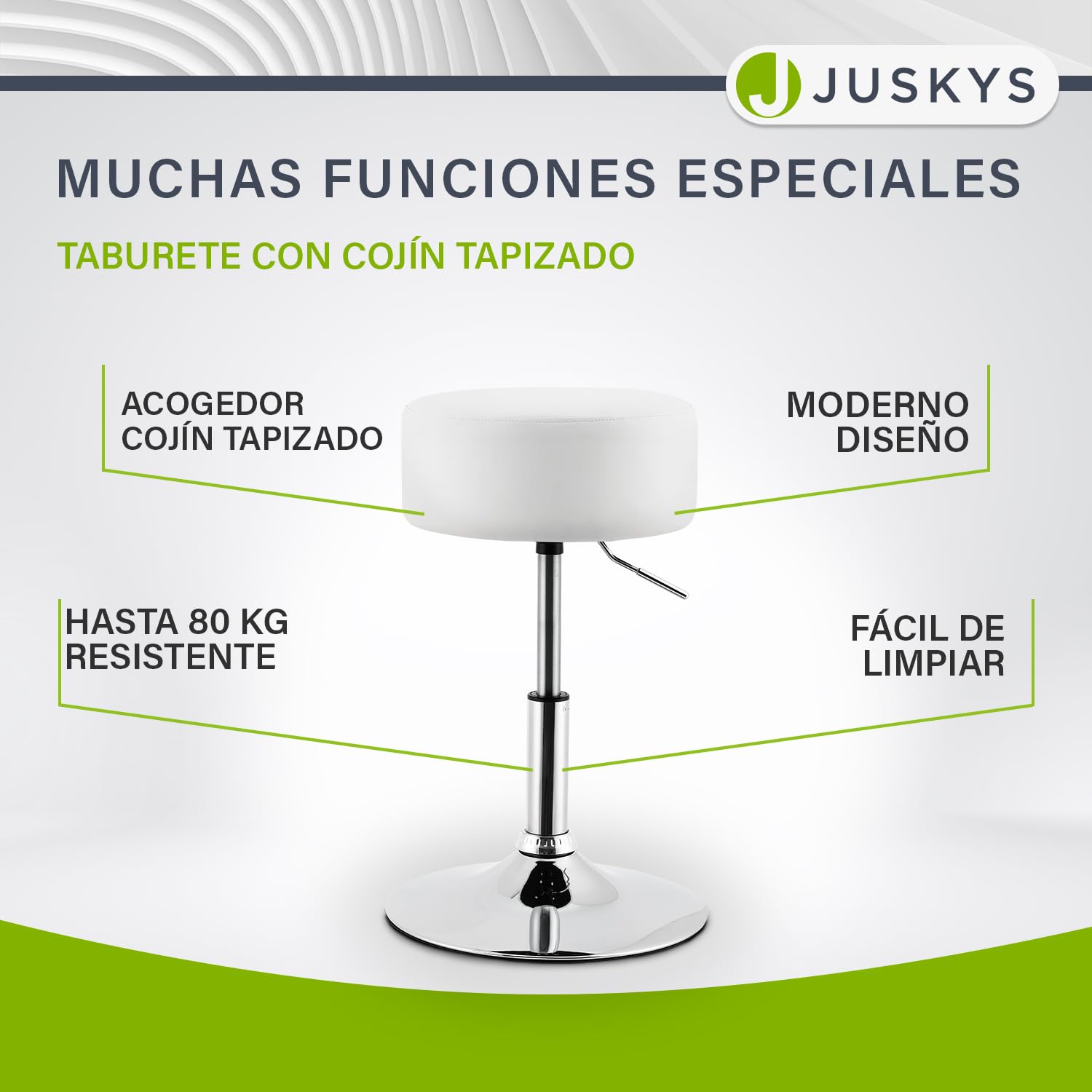 Juskys Taburete Tonia para tocador – Asiento Redondo de 33 cm, Altura Regulable 52–65 cm – Diseño ergonómico Acolchado con Funda de Polipiel Blanca