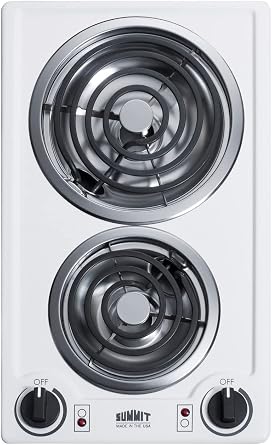 Summit 12" 2 Burner Electric Cooktop. 230V Radiant Cooktop, Coil Elements, Made in the USA, White- CCE225WH