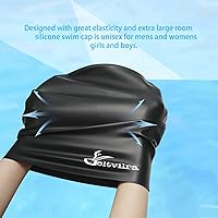 Vista 5 de Paquete de 3 gorros de natación extra grandes para trenzas y rastas de cabello largo, negro, mujeres y hombres, natación, silicona, impermeable