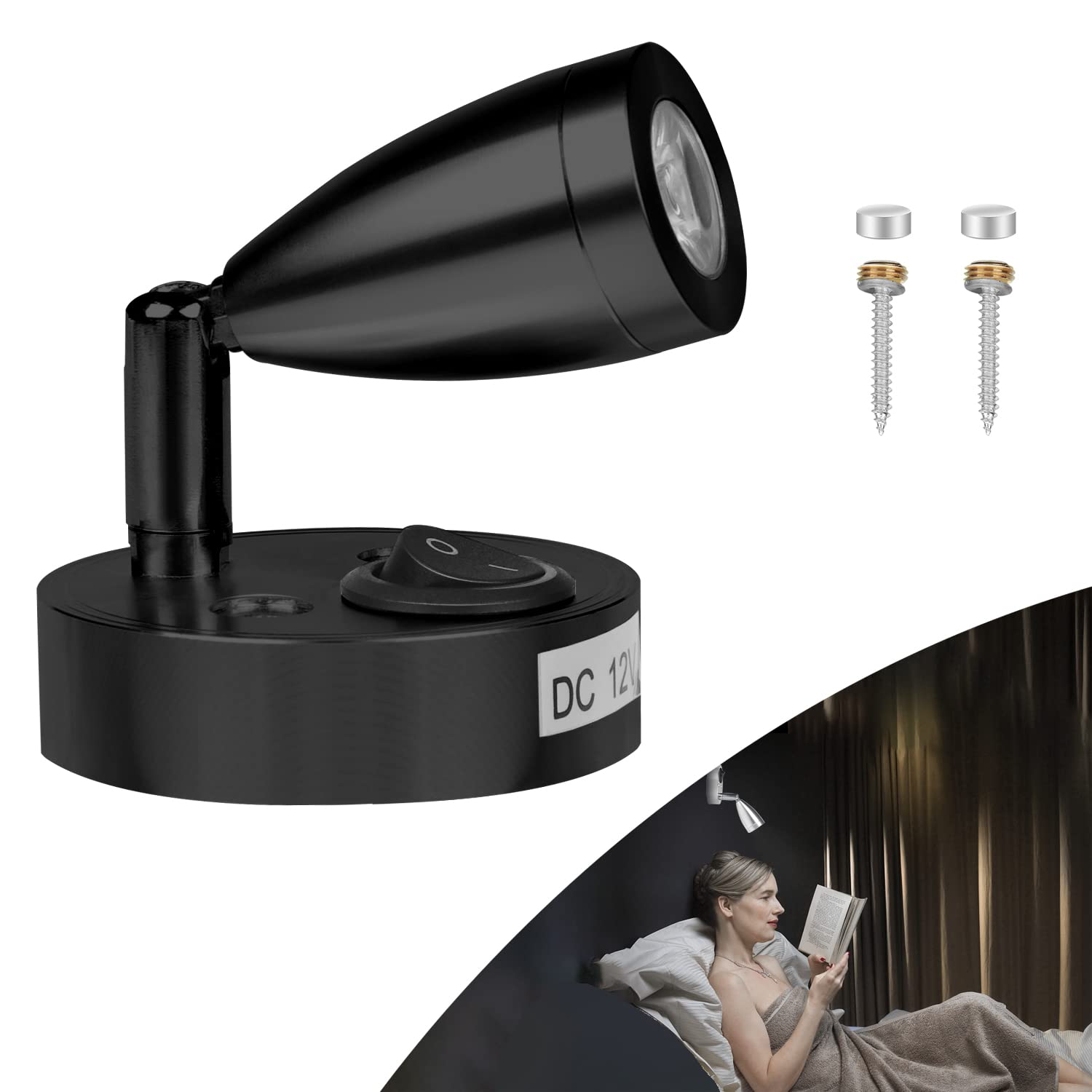CPROSP 12 V LED punktowa lampka do czytania wewnętrzna, światło LED, regulowany przełącznik, naturalna biel, 220 lm, 60 x 96 mm, czarna, 3000-3500 K