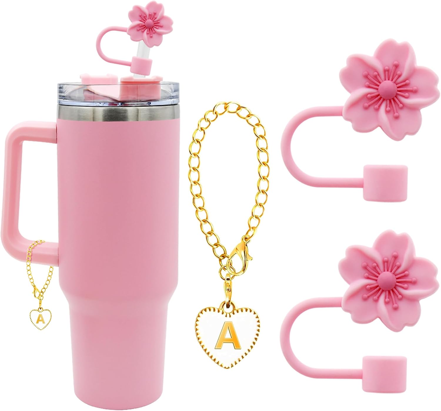 2pcs Cherry Blossom Straw Cover Cap and Initial Letter for Stanley Cup,10mm 0.4in Silicone Straw Tips Lids,Straw Tip Covers Gift for Party Decor (2pcs Cherry Blossom+A)