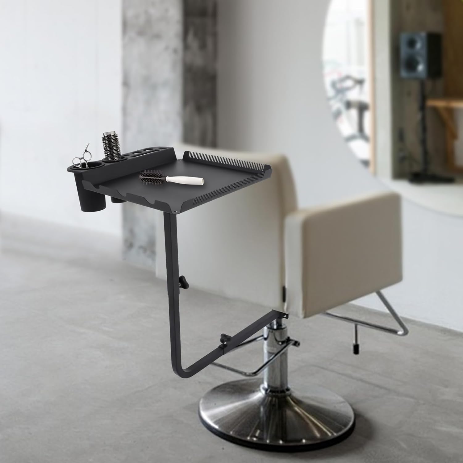 Salon Metal Tray Attached to Chair Height and Length Adjustable Hairstylist Tray with Hair Extension Holder and Hair Dryer Holder Hair Extension Tool Tray Barber Tray for Hairdressing Tools