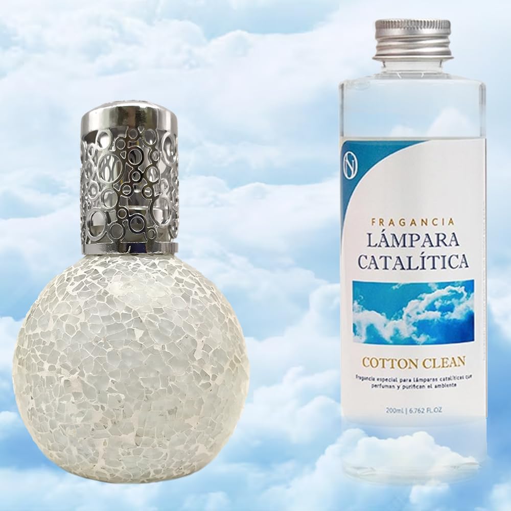 Pack Ahorro Lámpara Catalítica Mosaico Blanco + Fragancia Aroma Cotton Clean 500ml. Elimina malos olores e impurezas, perfuma y limpia.