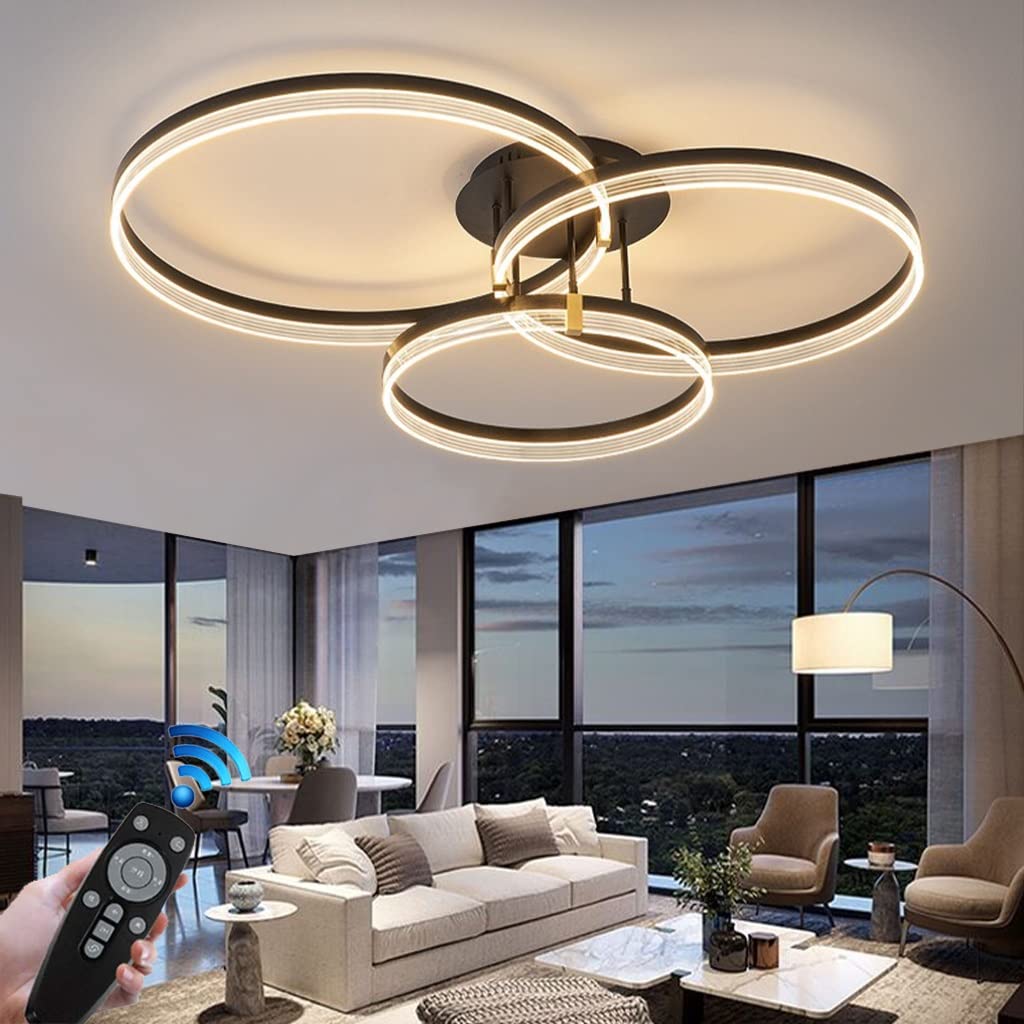 LED Plafoniera Grande Creatività Nero Moderno Anelli Dimmerabili Lampada A Soffitto Metallo Acrilico Lampadario Rotondo Soggiorno Cucina Camera Da Letto Luci Ufficio Stanza Bambini (Color : 30+40+50c