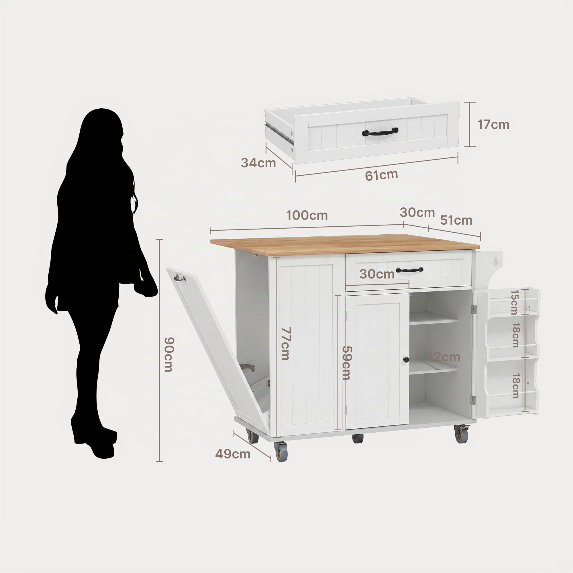 Xbro Isla Cocina con Tablero Plegable y Ruedas, Carrito de Cocina con Cajón, Armario de Basura, Portacuchillos y Toallero, Armario de Cocina, 113 x 51 x 90 cm, Blanco